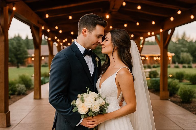 A bride and groom stand close together under a wooden pavilion with string lights at their romantic The Pinery Wedding, holding a bouquet and looking into each other's eyes.