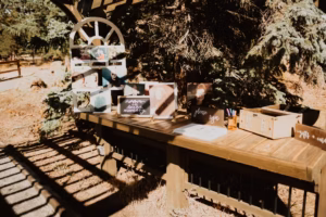 A wooden outdoor table displays framed signs, cards, pens, a box, and seating arrangement cards under a pergola in a sunny, wooded area.