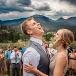 A bride and groom laughing joyfully during an outdoor wedding ceremony, with guests clapping and mountains in the background under a cloudy sky.