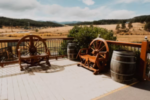 Wooden deck with two wagon wheel benches, two barrels, railing, and a scenic view of fields, trees, and distant hills under a partly cloudy sky.