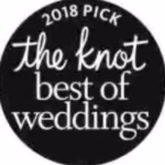 A black circular badge reads "2018 Pick The Knot Best of Weddings" in white text, highlighting a top La Crosse wedding photographer.
